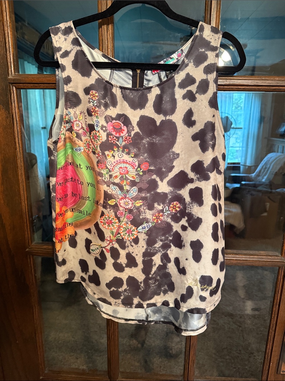 Desigual Women Leopard Floral Script Sleeveless Top Gray Black L Maximalist Boho